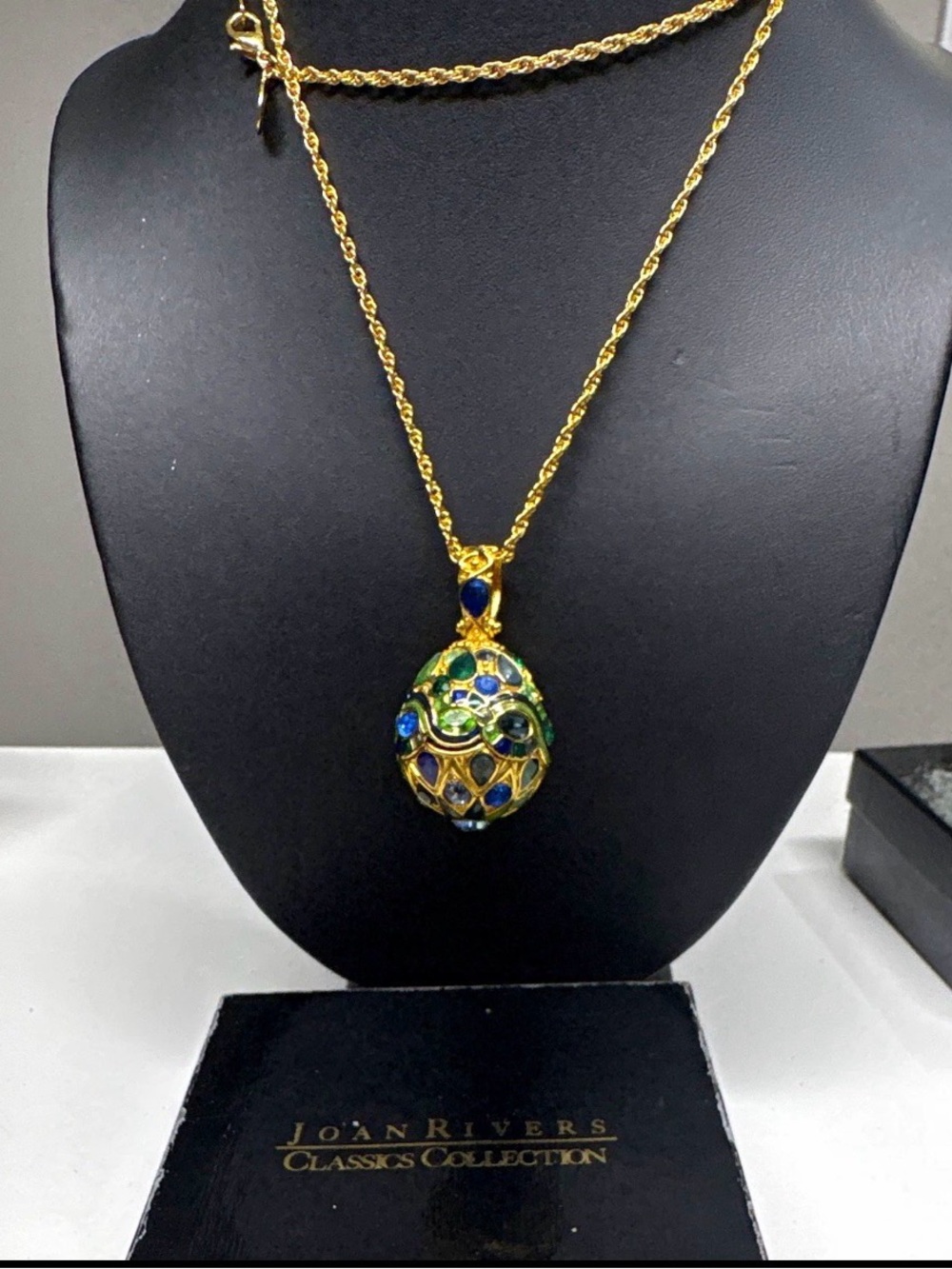 Joan Rivers Gold Tone Rope Chain Simulated Blue Green Crystal Egg Pendant